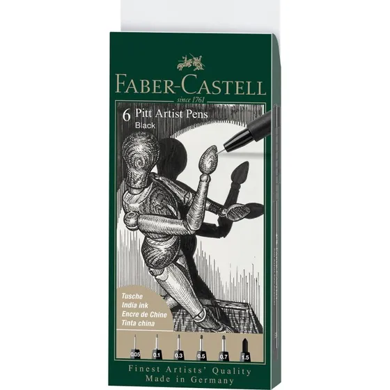 Faber-Castell Pitt Artist Pen st 6 stk - Sort (India Ink)