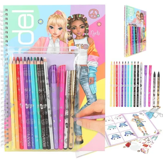 TOPModel malebog med 10 farveblyanter, 4 gelpenne & viskepen