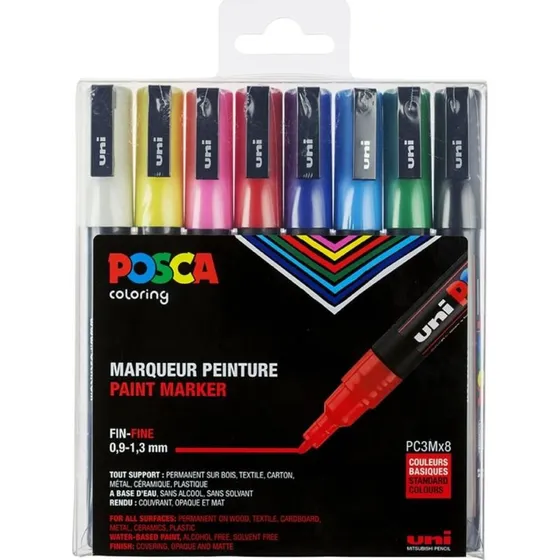 Posca Tusser Extra Fin PC-3M - 8 basisfarver (0,9-1,3 mm)