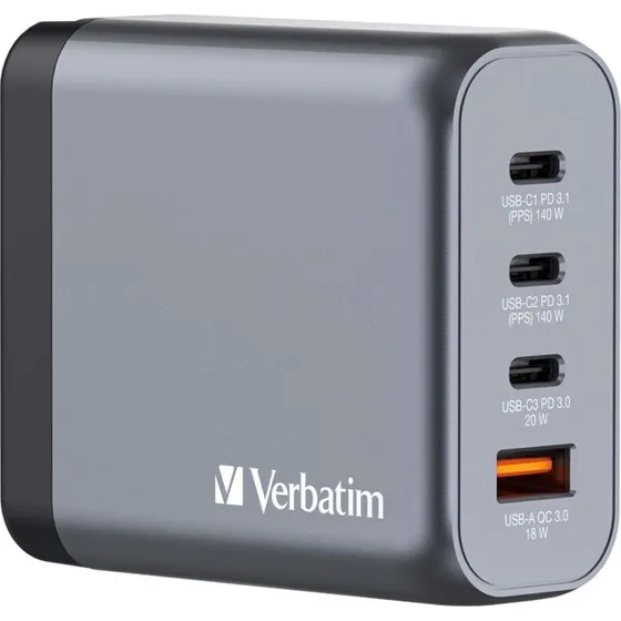 Verbatim GNC-140 140W GaN-oplader, 4 porte (USB-C/USB-A)