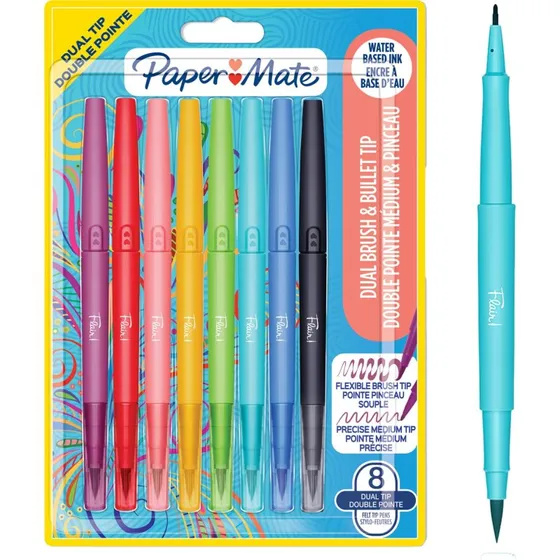 Paper Mate Flair DUAL filtpenne  2-ender, pensel & 0,7 mm, 8 farver