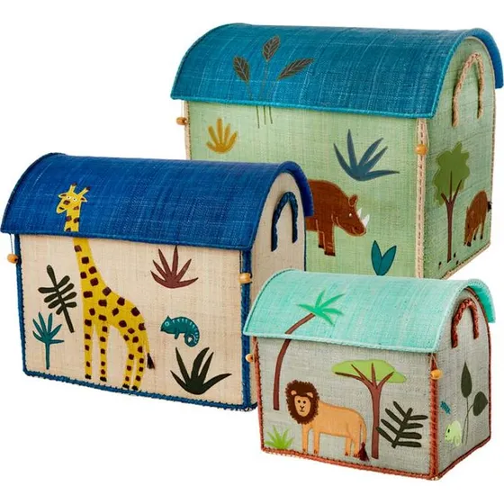 RICE Raffia opbevaringskurve 3 stk.  Jungle Animals, grn/bl