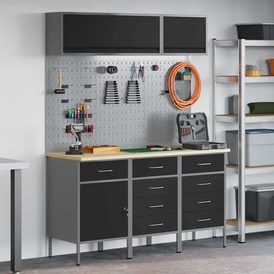vidaXL Arbejdsbnk st 8 dele med skuffe og ls 150x55x200 cm, sort