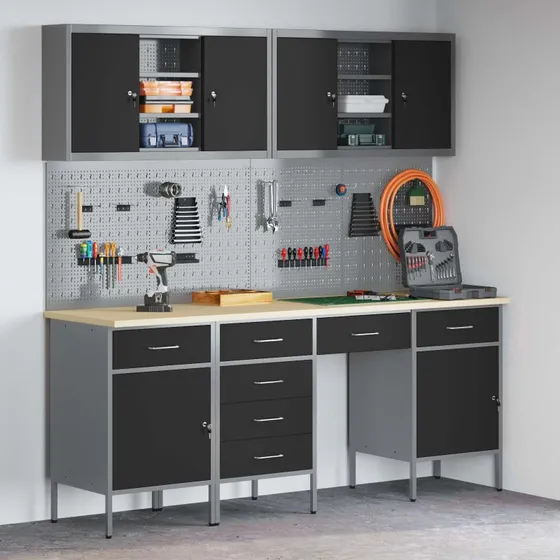 vidaXL Arbejdsskab med ls 10 stk, Sort, 200x55x200 cm