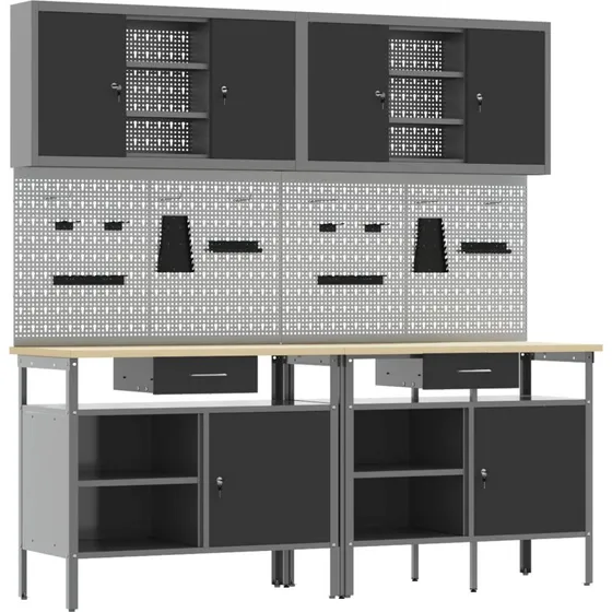 vidaXL Arbejdsbnk 8-skuffers st, rd/gr, pulverlakeret stl