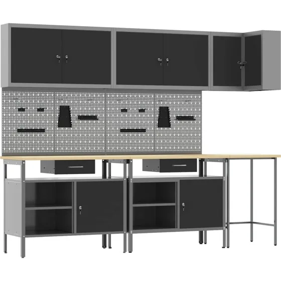 vidaXL Arbejdsskabst 10 dele, sort/gr 255x55x220 cm