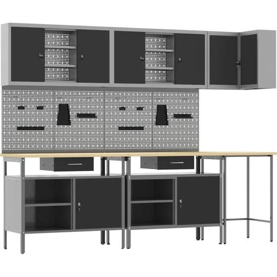 vidaXL Arbejdsskabsst 10 dele, sort/gr 255x55x220 cm