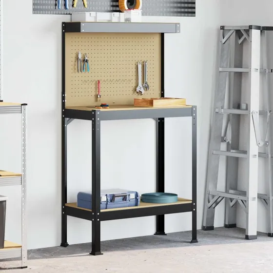 vidaXL Arbejdsbnk med hylde og skuffe, sort 81x41x145 cm