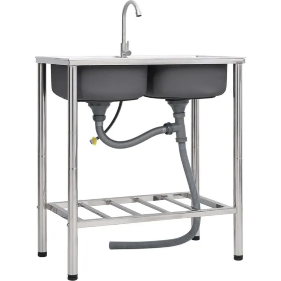 vidaXL dobbel campingvask i rustfrit stl med hane, 78x43x18,8 cm