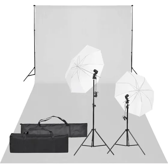 vidaXL fotostudiest med lampest, paraplyer og baggrund