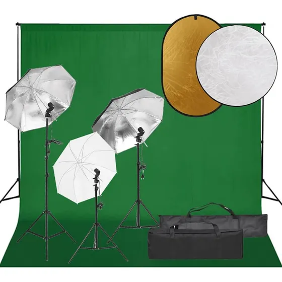 vidaXL fotostudiest 5500K med baggrund, 3 paraplyer & reflektor