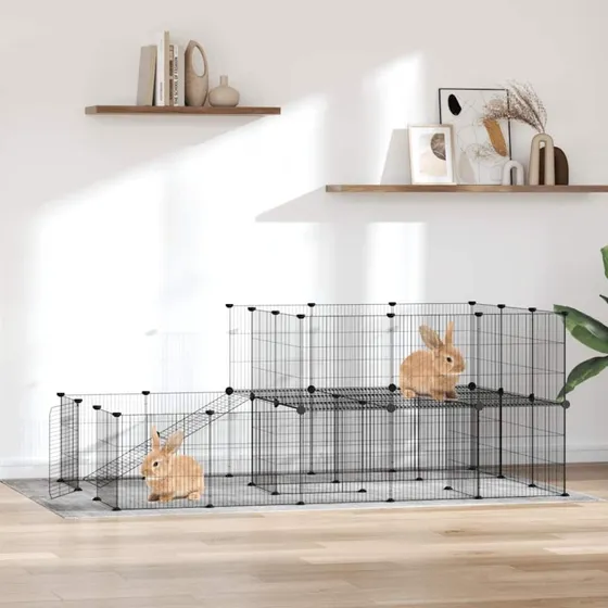 vidaXL 44-panel kæledyrsindhegning med låge 35x35 cm sort stål