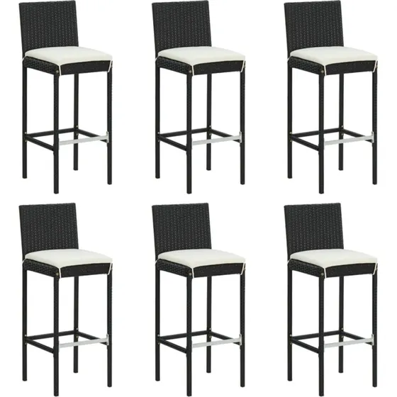 vidaXL 6 stk. barstole i polyrattan med hynder, sort