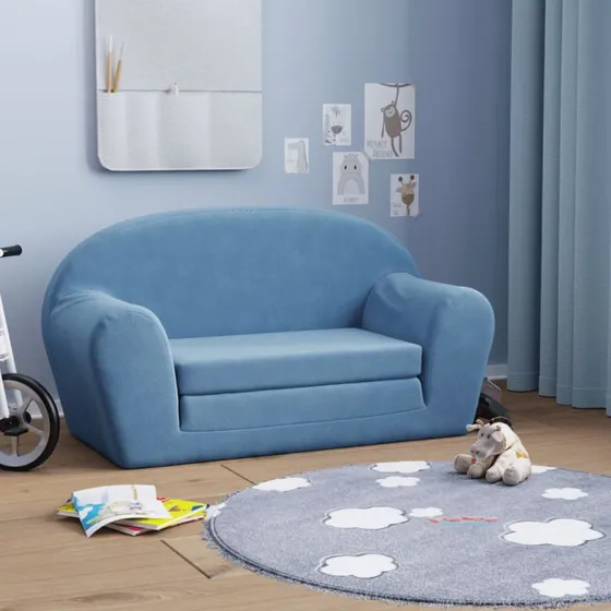 vidaXL 2-personers børnesovesofa i blødt plys, blå