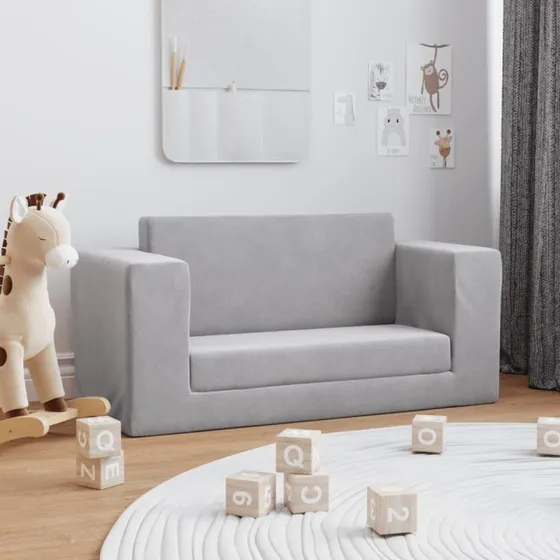 vidaXL 2-personers børnesovesofa i blødt lysegråt plys