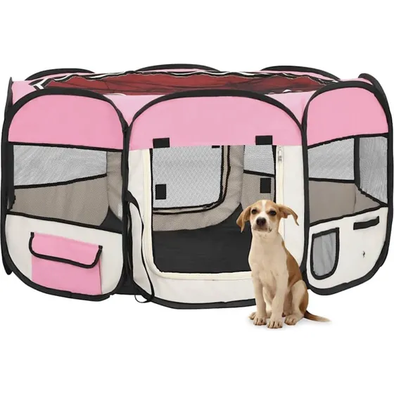 vidaXL foldbar hundegård 125x125x61 cm lyserød (med bæretaske)