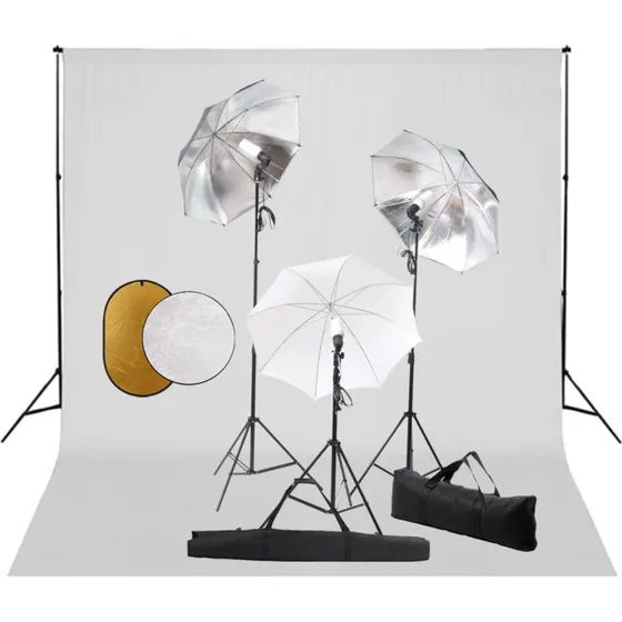 vidaXL fotostudieudstyr med lamper, paraplyer, baggrund og reflektor