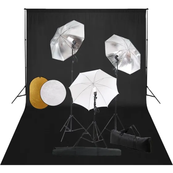 vidaXL fotostudieudstyr med lamper, paraplyer, baggrund og reflektor