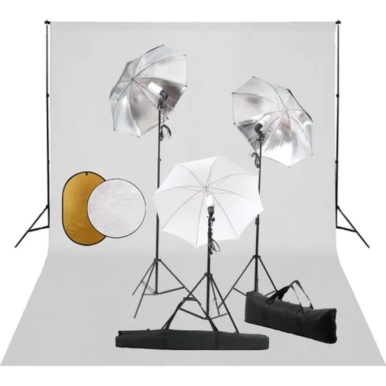 vidaXL fotostudieudstyr med lamper, paraplyer og baggrund