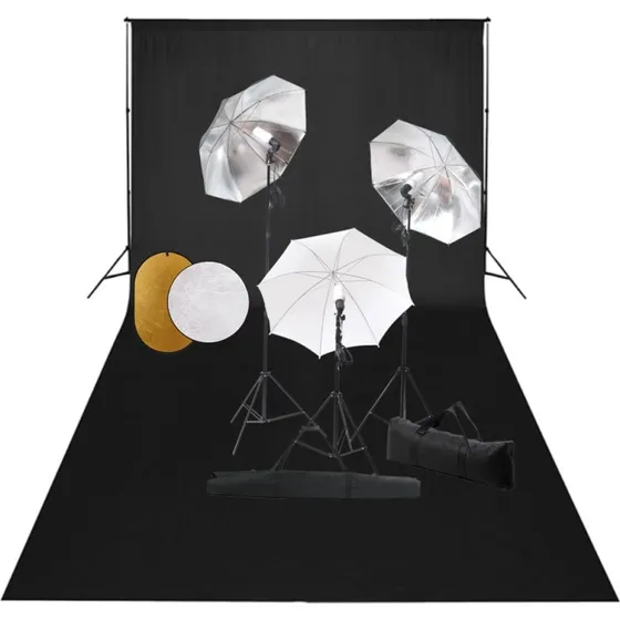 vidaXL fotostudieudstyr med lamper, paraplyer, baggrund og reflektor