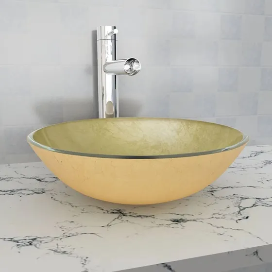 vidaXL håndvask i hærdet glas 42 cm guldkant