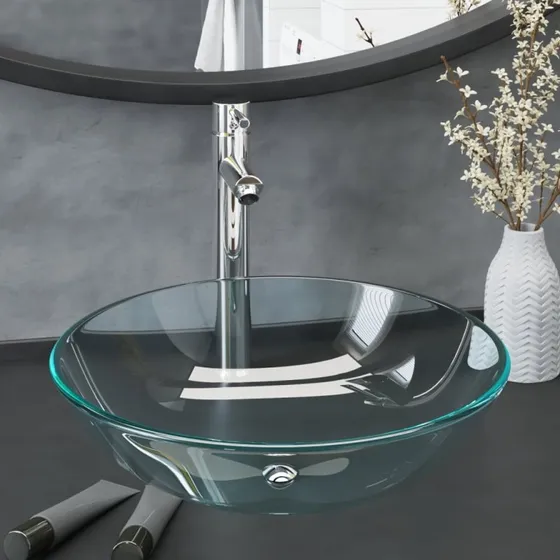 vidaXL halvrund håndvask i hærdet glas m. hane & bundventil, klar