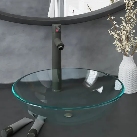 vidaXL halvrund håndvask i hærdet glas m. hane & bundventil, klar