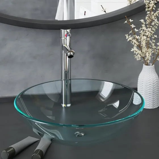 vidaXL halvrund håndvask i hærdet glas m. hane og bundventil, klar