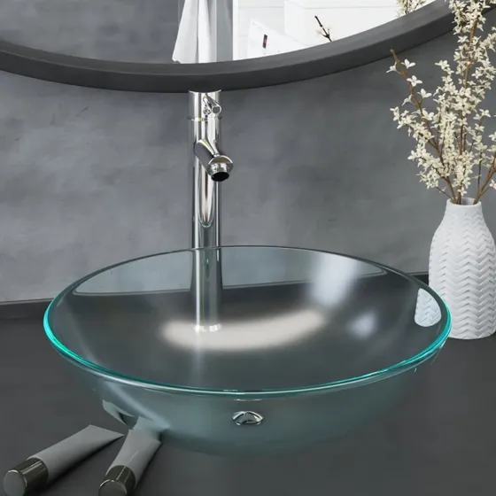 vidaXL halvrund hærdet glas håndvask klar m. hane & bundventil