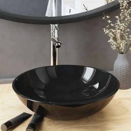 vidaXL halvrund håndvask i hærdet glas med hane og bundventil, sort