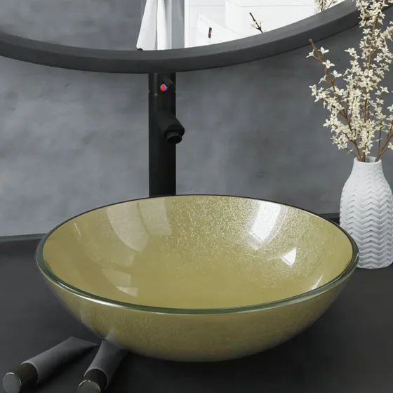 vidaXL halvrund håndvask i hærdet glas med hane, guld
