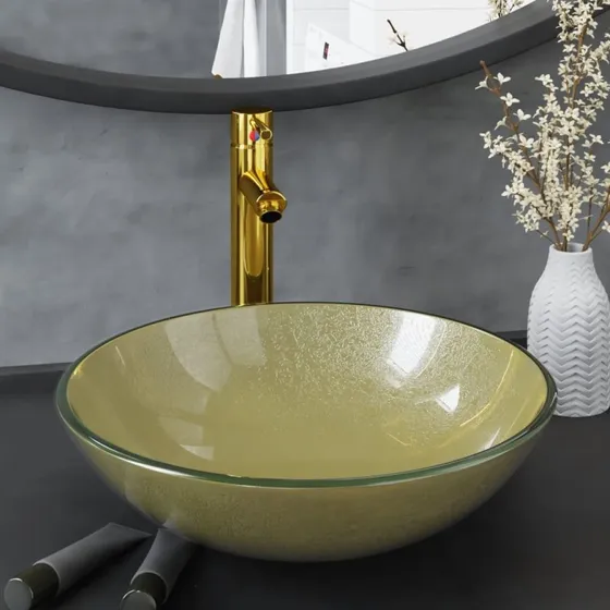 vidaXL halvrund håndvask i hærdet glas m. hane og bundventil, guld