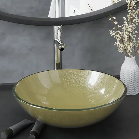vidaXL halvrund håndvask i hærdet glas m. hane & bundventil, guld