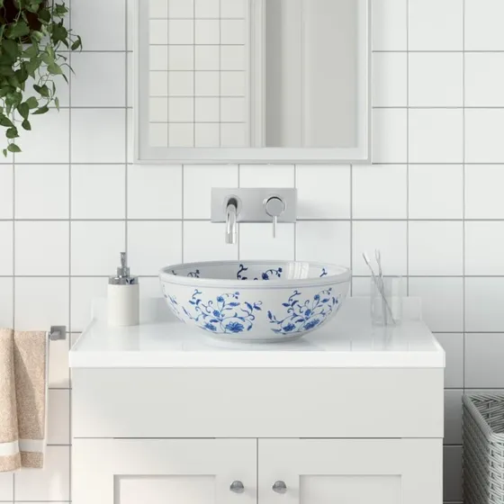 vidaXL rund håndvask til bordplade Φ41x14 cm keramisk hvid/blå