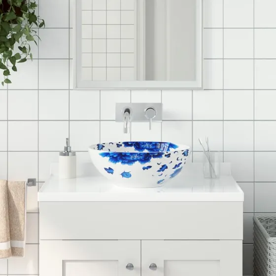 vidaXL rund bordhåndvask Φ41x14 cm keramisk hvid/blå