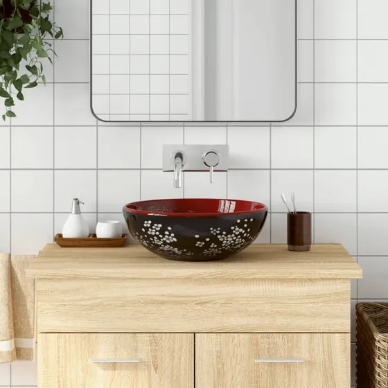 vidaXL rund håndvask til bordplade Φ41x14 cm keramisk - sort/rød