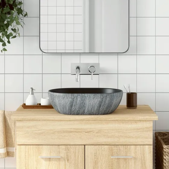 vidaXL oval håndvask til bordplade 47x33x13 cm - sort/grå
