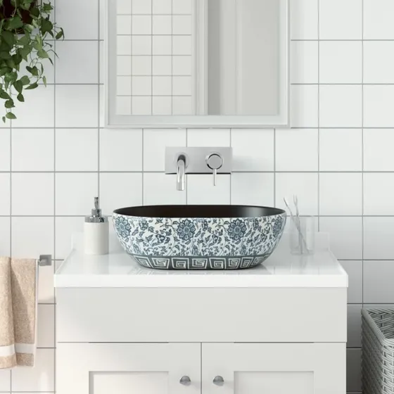 vidaXL håndvask til bordplade 47x33x13 cm oval keramik sort/blå