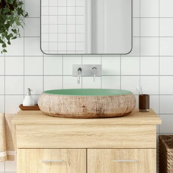vidaXL håndvask til bordplade 59x40x15 cm oval keramik grøn/brun