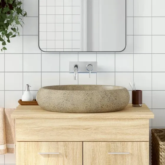 vidaXL håndvask til bordplade 59x40x15 cm oval, sandfarvet