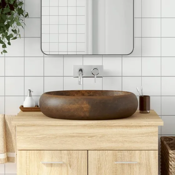 vidaXL oval håndvask til bordplade 59x40x15 cm keramik brun