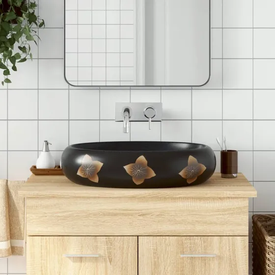 vidaXL oval håndvask til bordplade 59x40x15 cm, sort/blå keramik