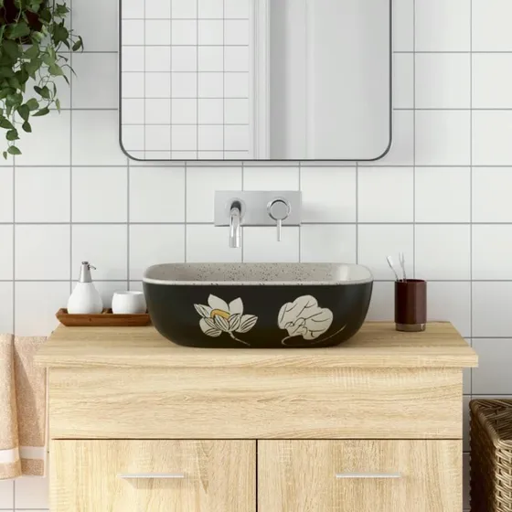 vidaXL håndvask til bord 48x37,5x13,5 cm rektangulær keramik grå/sort