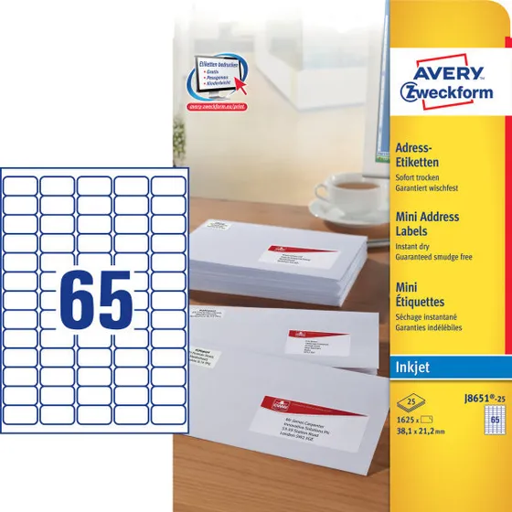 Avery J8651-25 QuickDRY etiketter 38,1×21,2 mm — 1625 stk