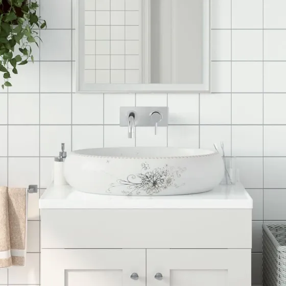 vidaXL håndvask til bordplade oval 59x40x15 cm keramik hvid