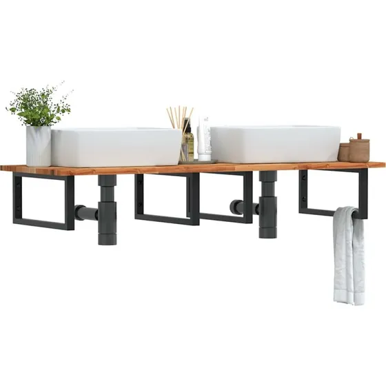 vidaXL væghængt badeværelseshylde i stål og massivt akacietræ (mørkebrun/sort)