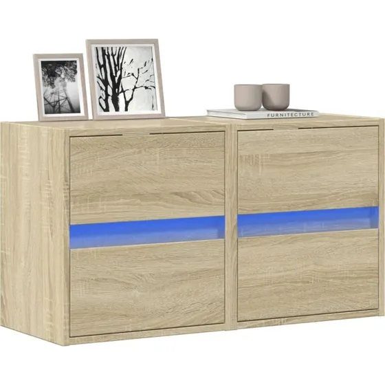 vidaXL vghngte TV-borde 2 stk. 41x31x45 cm Sonoma-eg m. LED