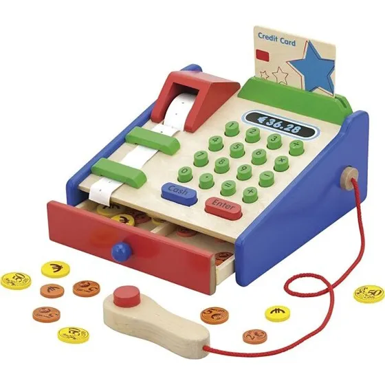 VIGA Kasseapparat i træ med scanner, mønter & kort 18x18x9,5 cm