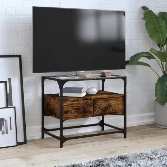 vidaXL TV-bord med glastop 60x35x51 cm, konstrueret træ røget eg