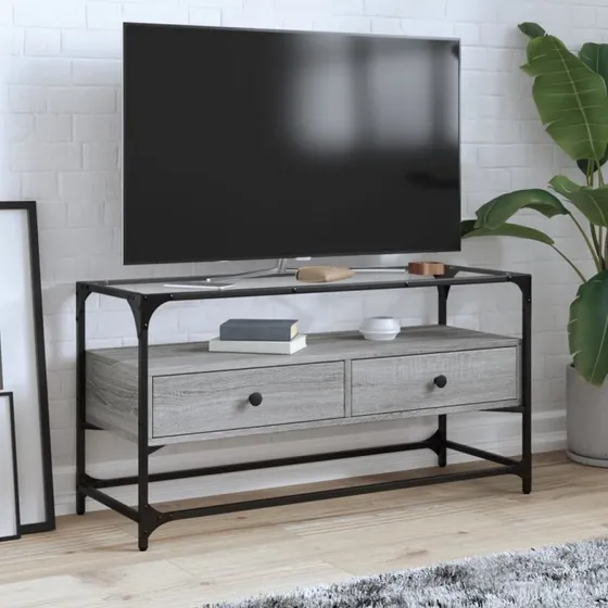 vidaXL TV-bord med glastop 98x35x51 cm, grå Sonoma-eg